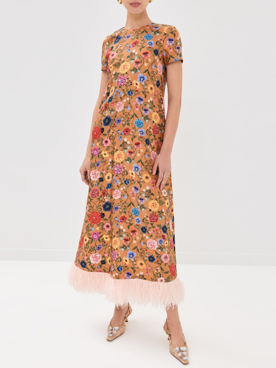 Feather Trimmed Floral Print Silk Maxi Dress