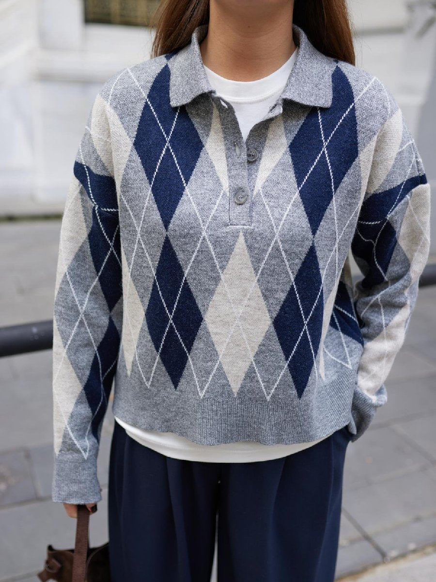 Diamond Pattern Polo Neck Sweater