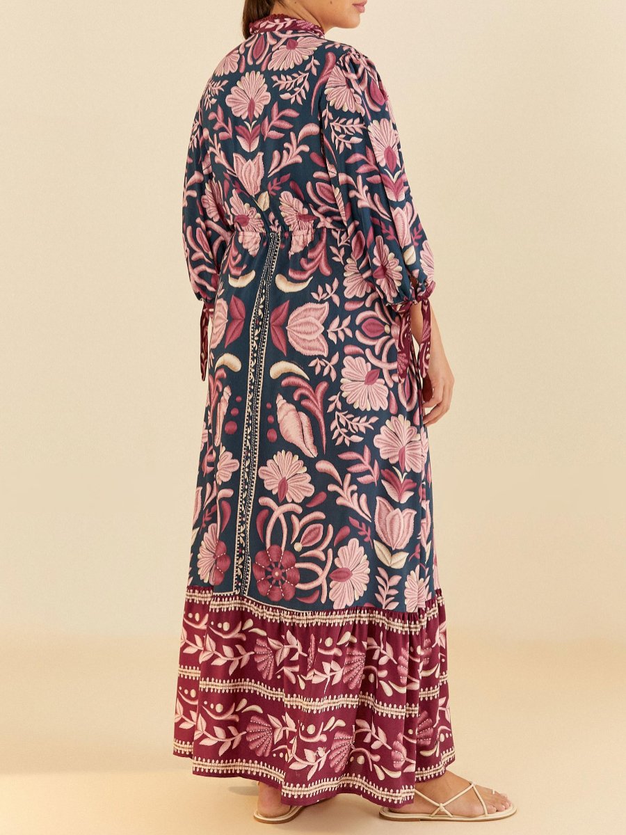 Tie Sleeve Botanical Print Maxi Dress