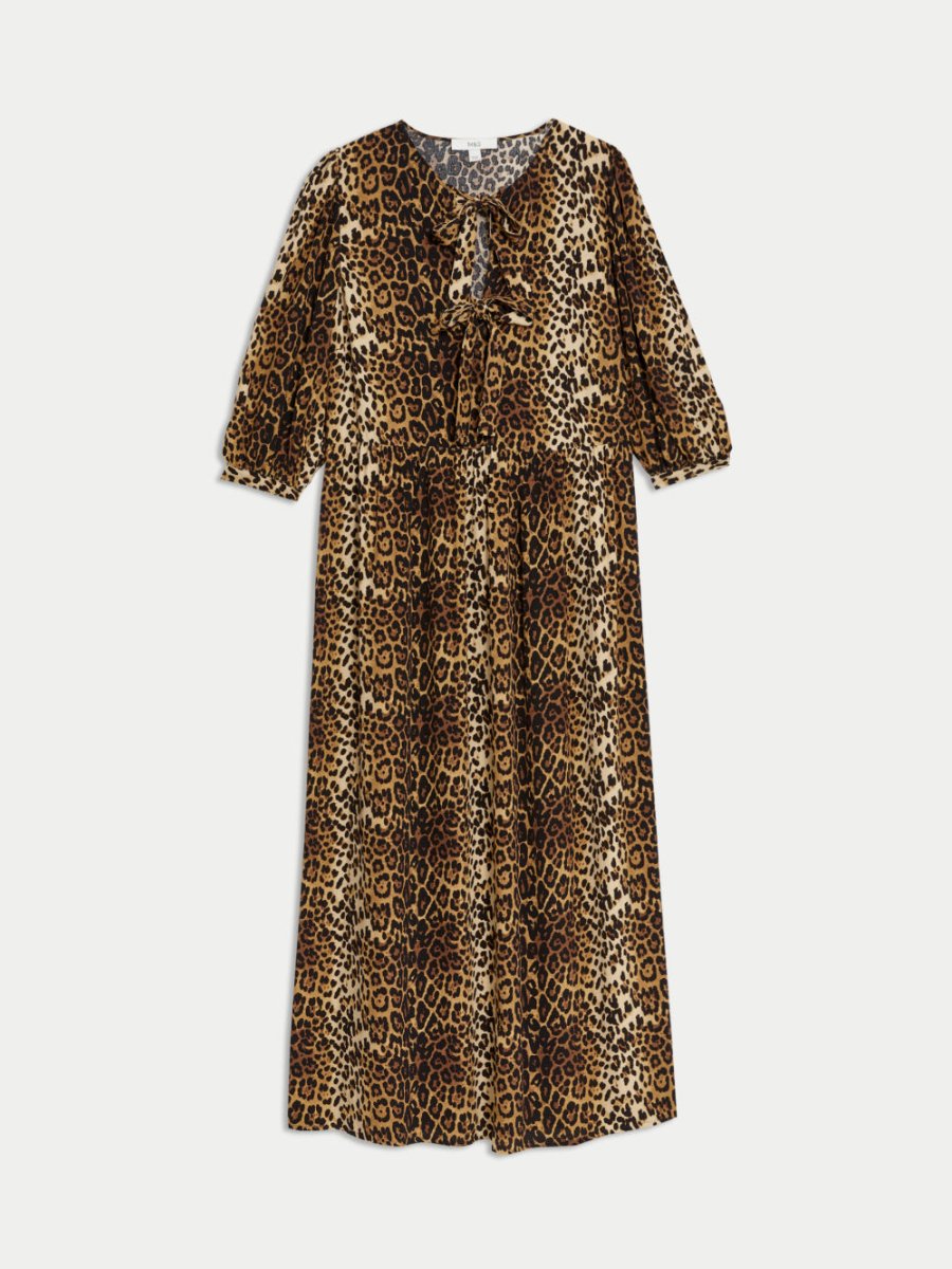 Leopard Print Tie Neck Maxi Dress