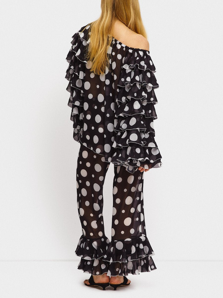 Ruffled Chiffon Polka-Dot Shirt With Pants