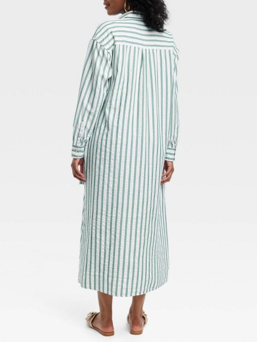 Green Striped Long Sleeve Cinch Waist Maxi Dress