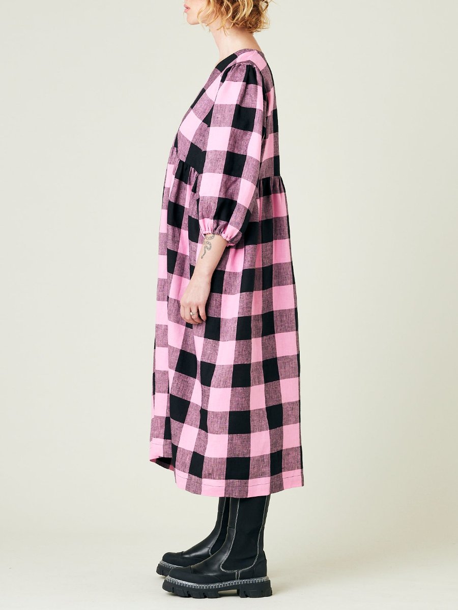 Pink And Black Check Linen Midi Dress