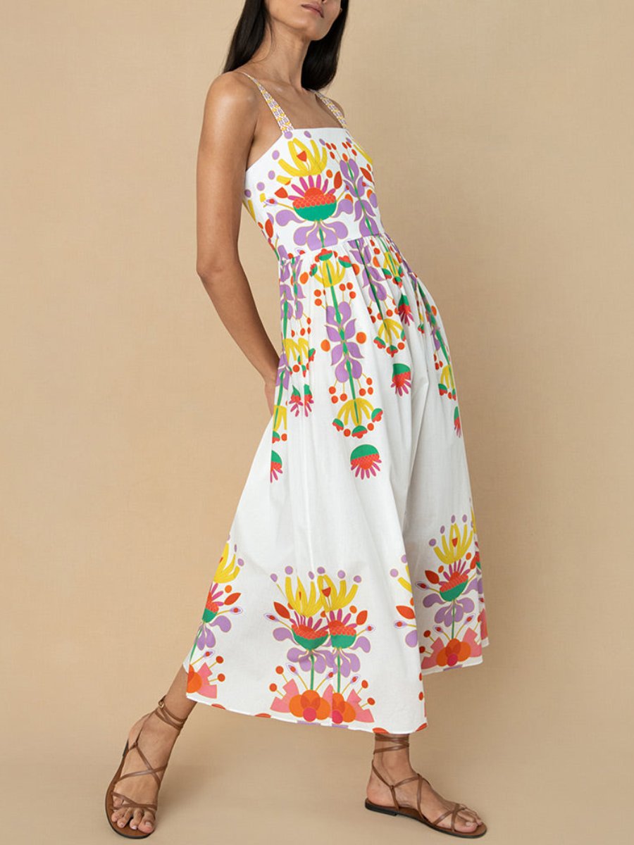 Playful Floral Print Cotton Midi Dress