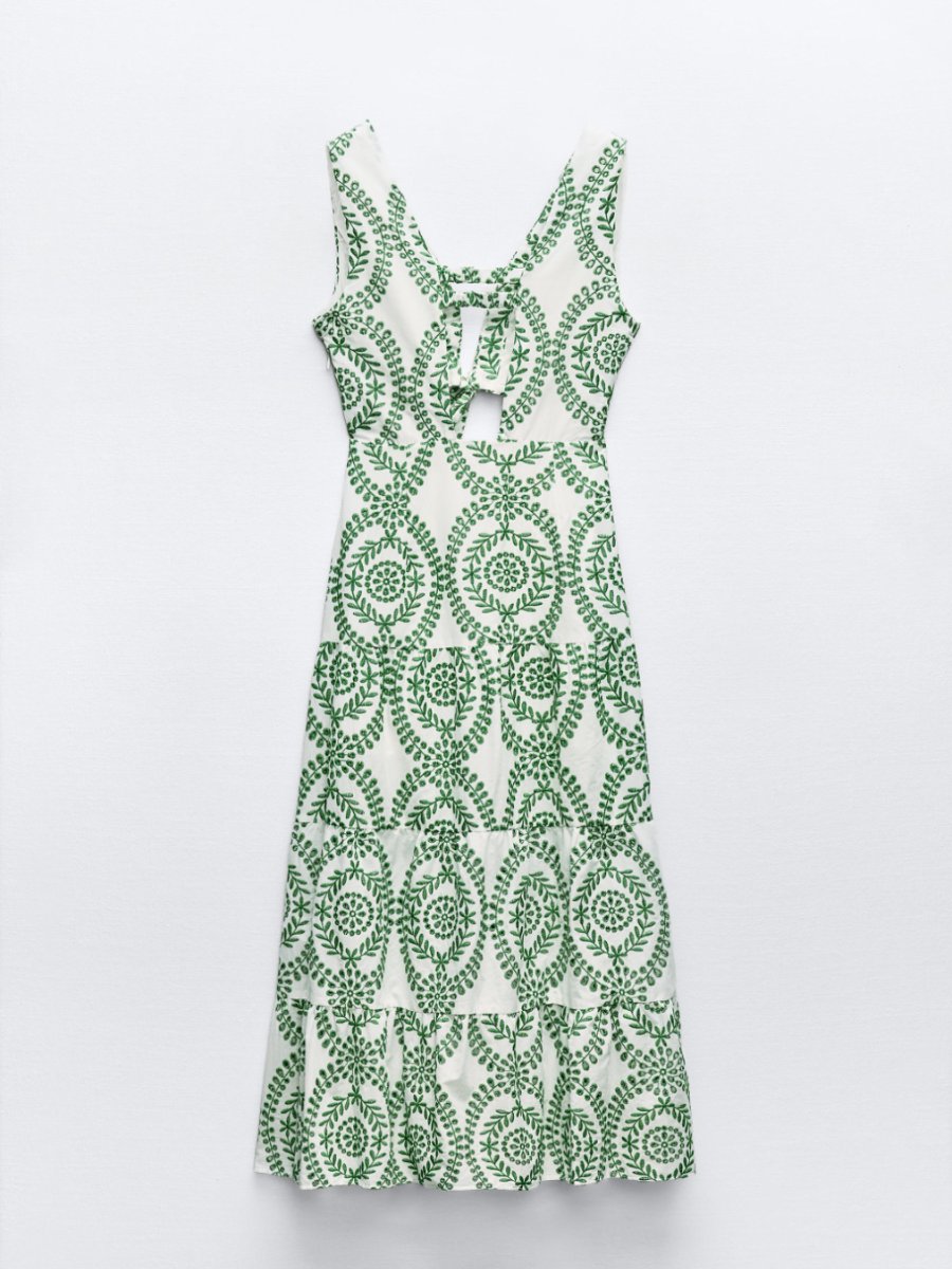 Perforated Knotted Embroidered Midi Dress