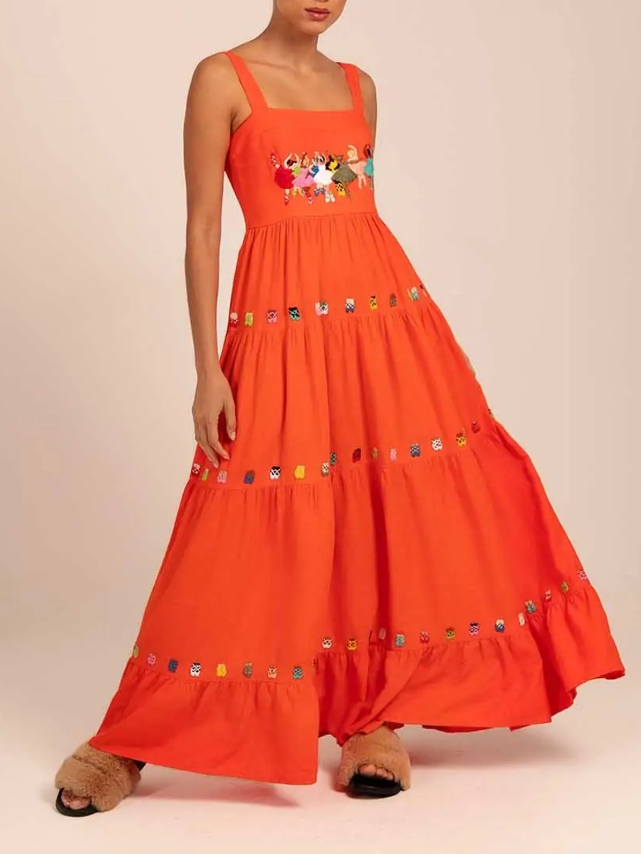 Square Neck Sleeveless Coral Maxi Dress