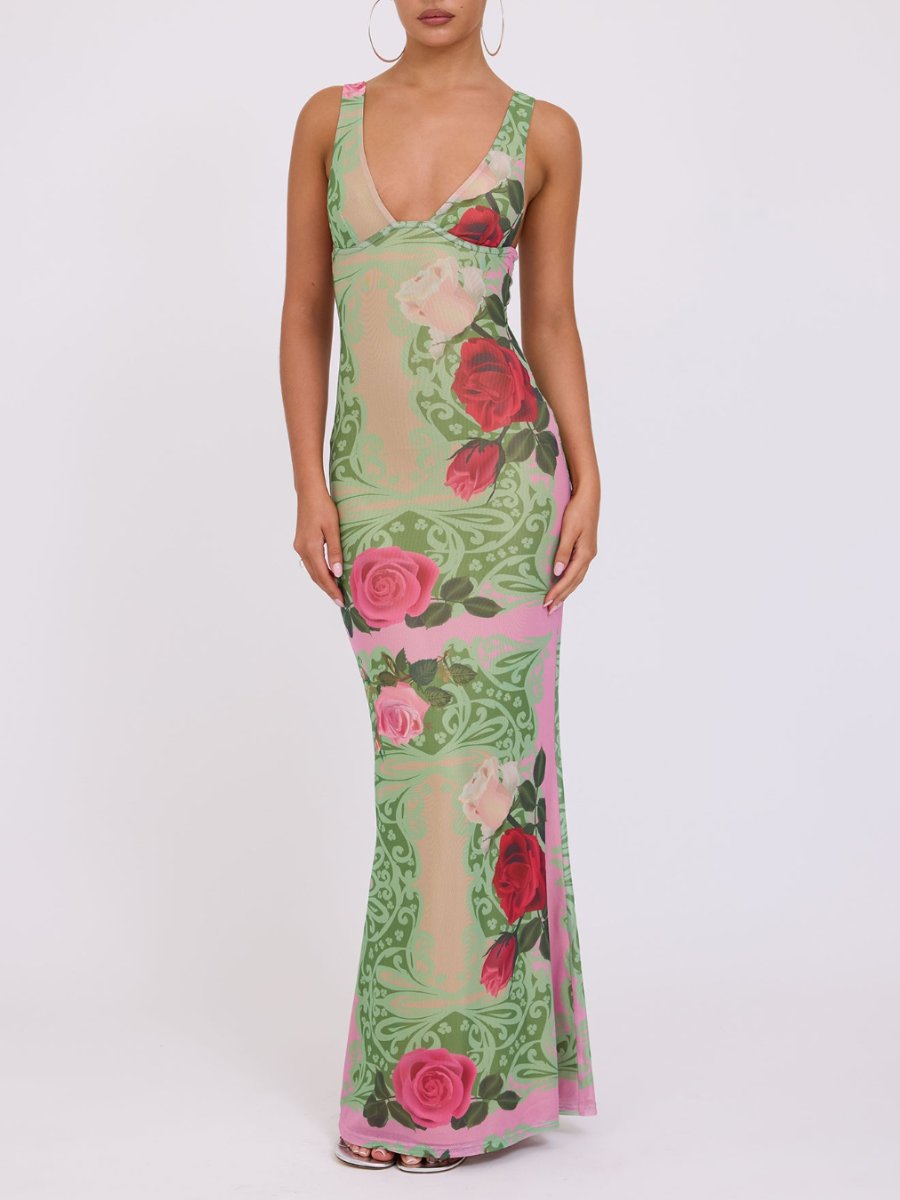 Rose Print V-Neck Maxi Dress