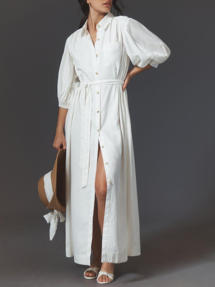 Button-Front Belted Maxi Shirt Dress