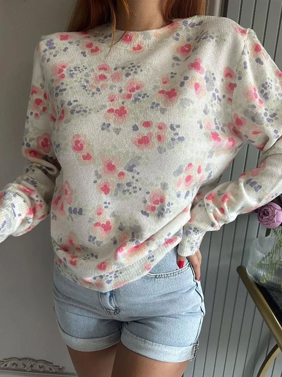 Pink Floral Long Sleeve Sweater