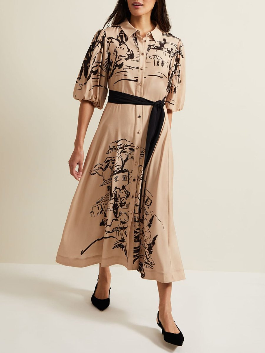 Puff Sleeve Hand-Painted Shirt Maxi Dress