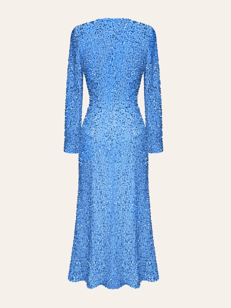 Blue Sequin Decorated Long Sleeve Midi Dress