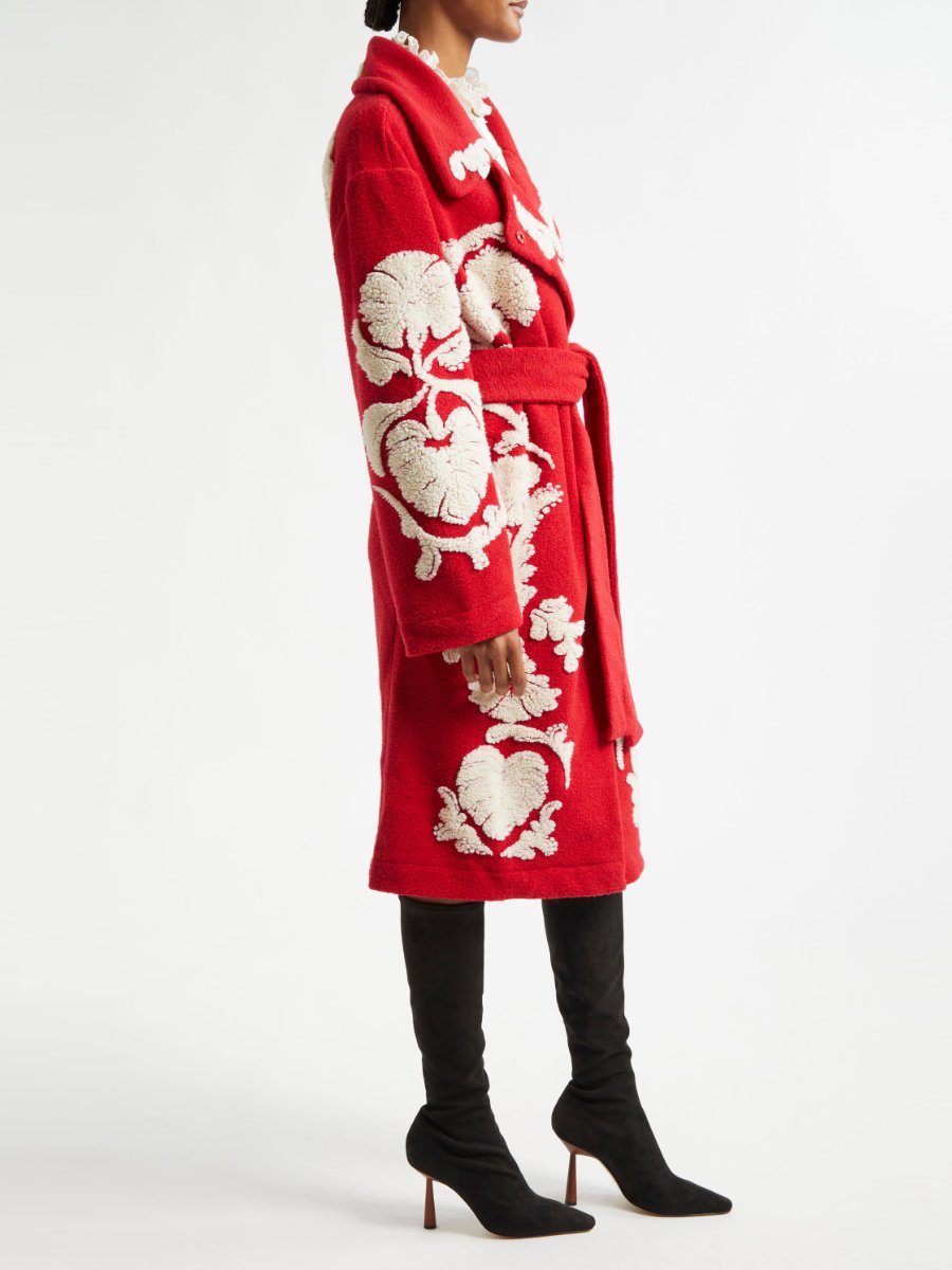 Red Sculpted Fleece Wrap Coat