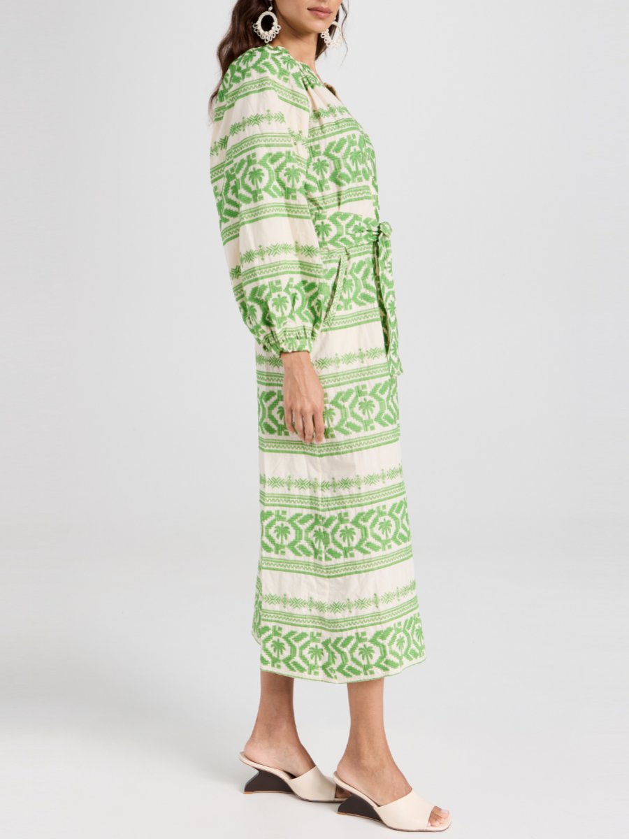 Ivory Green Embroidered Cotton Voile Midi Dress