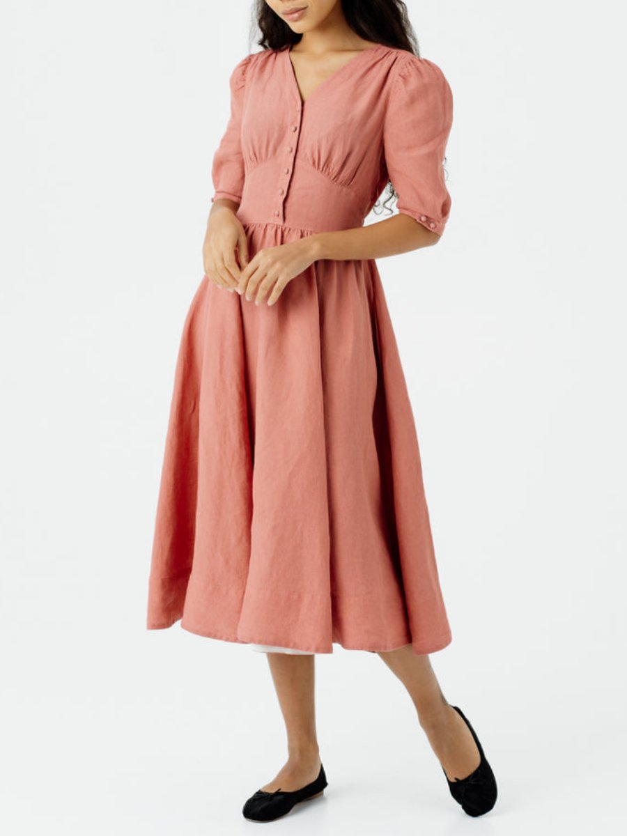 Vintage Pink Puffed Sleeve Midi Dress