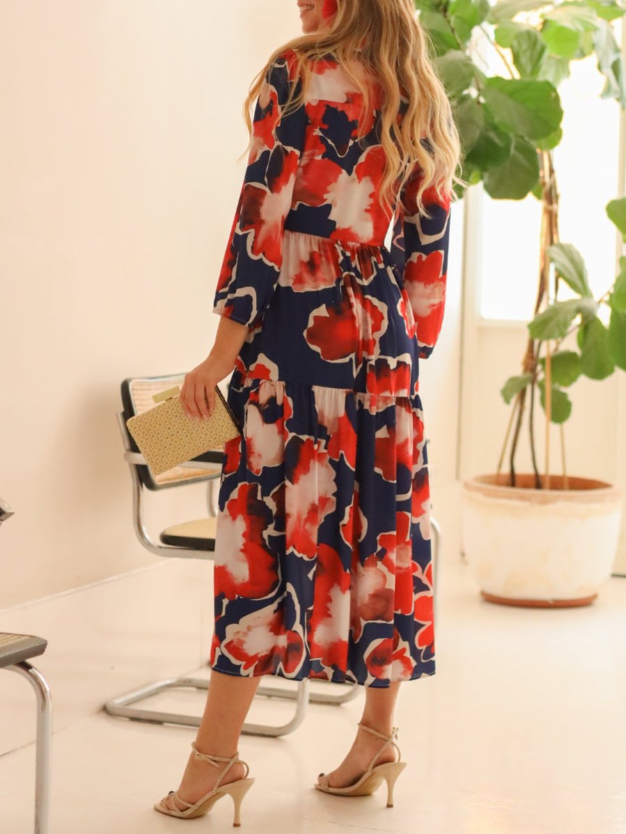 Watercolor Long Sleeve Shirt Midi Dress