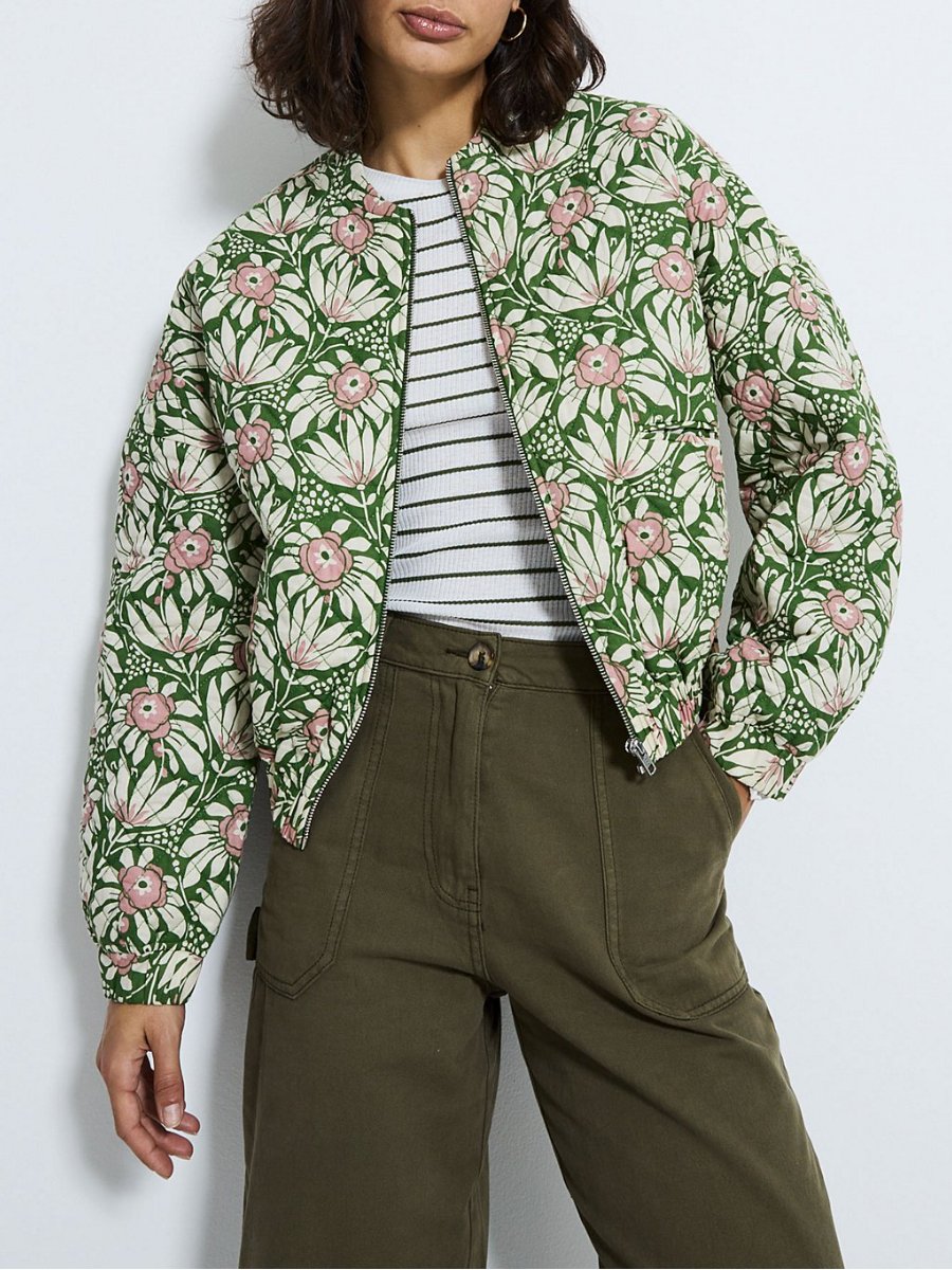 Green Floral Quilted Cuffed Cropped Jacket