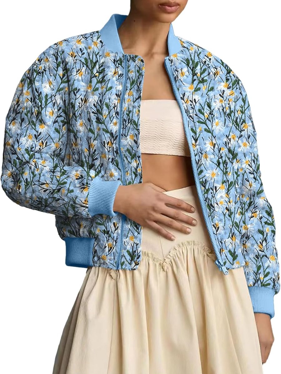 Embroidered Daisy Cropped Bomber Jacket