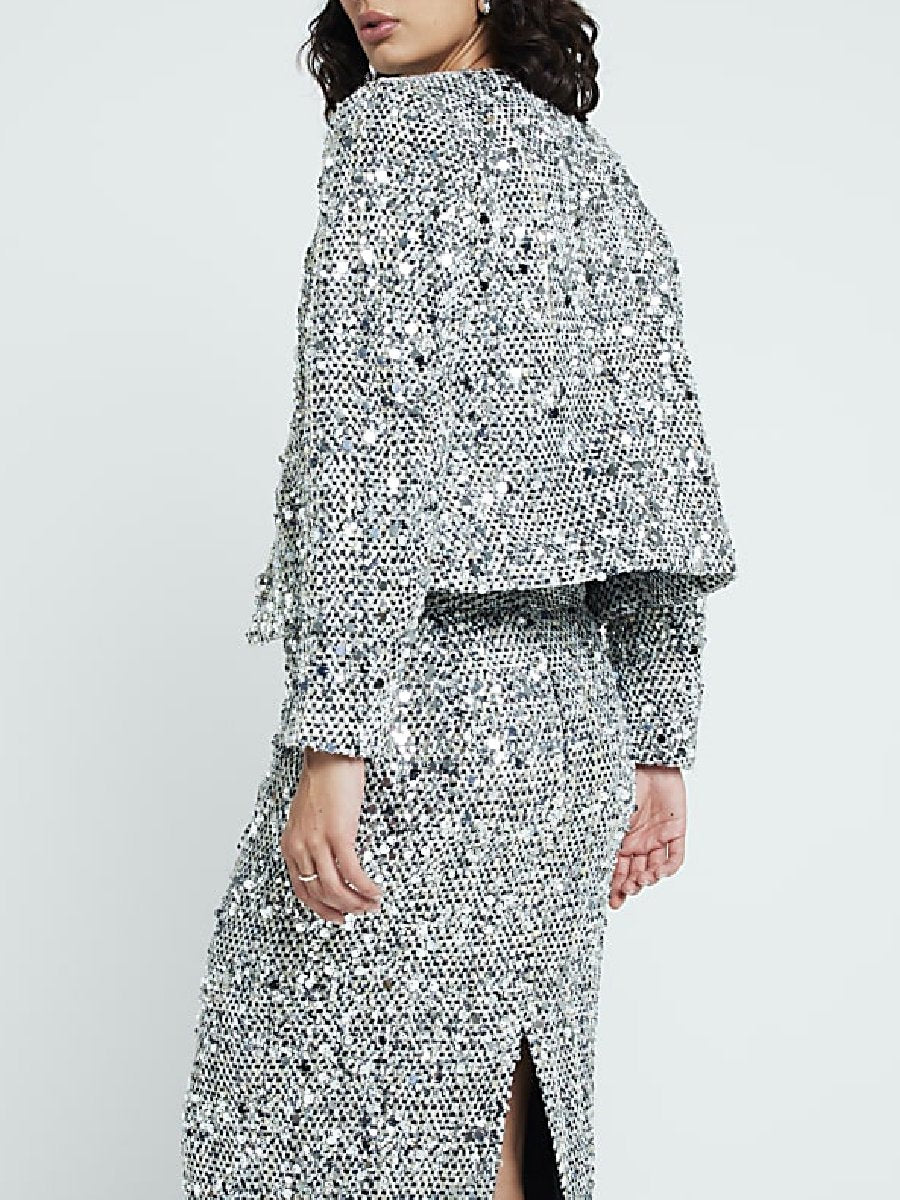 Silver Sequin Collarless Jacket