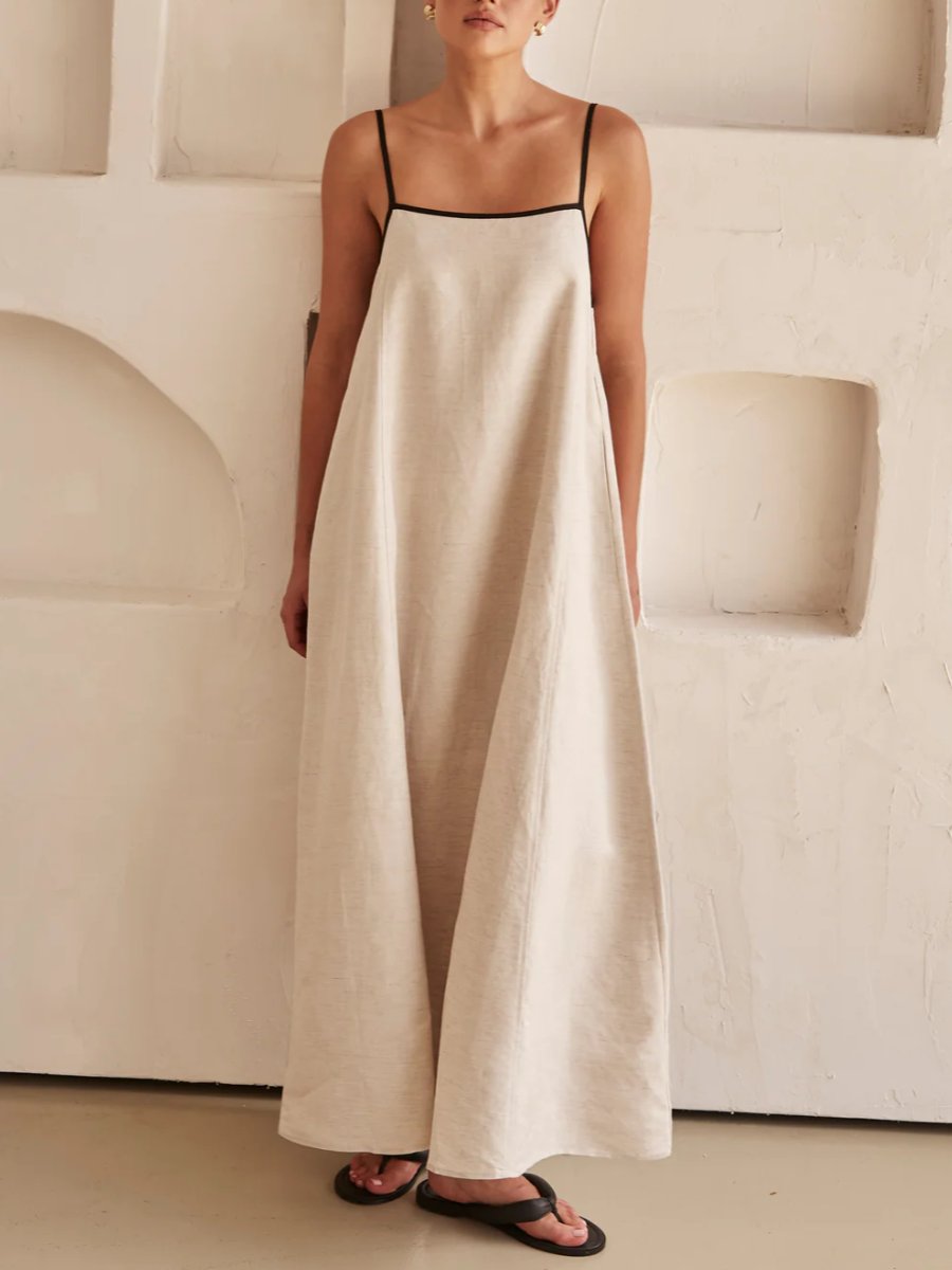 Beige Holiday Linen Maxi Dress