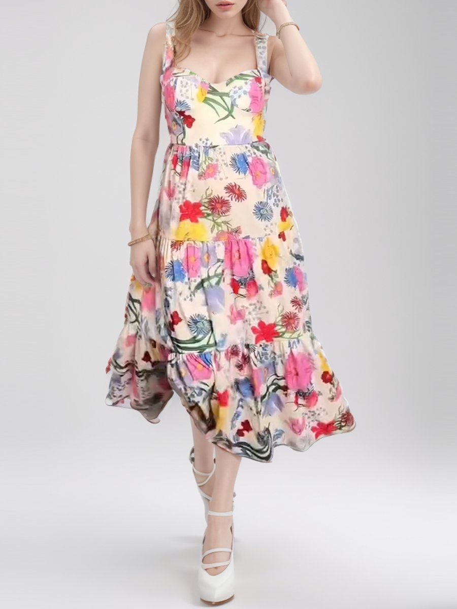 Floral Print Sweetheart Neck Midi Dress