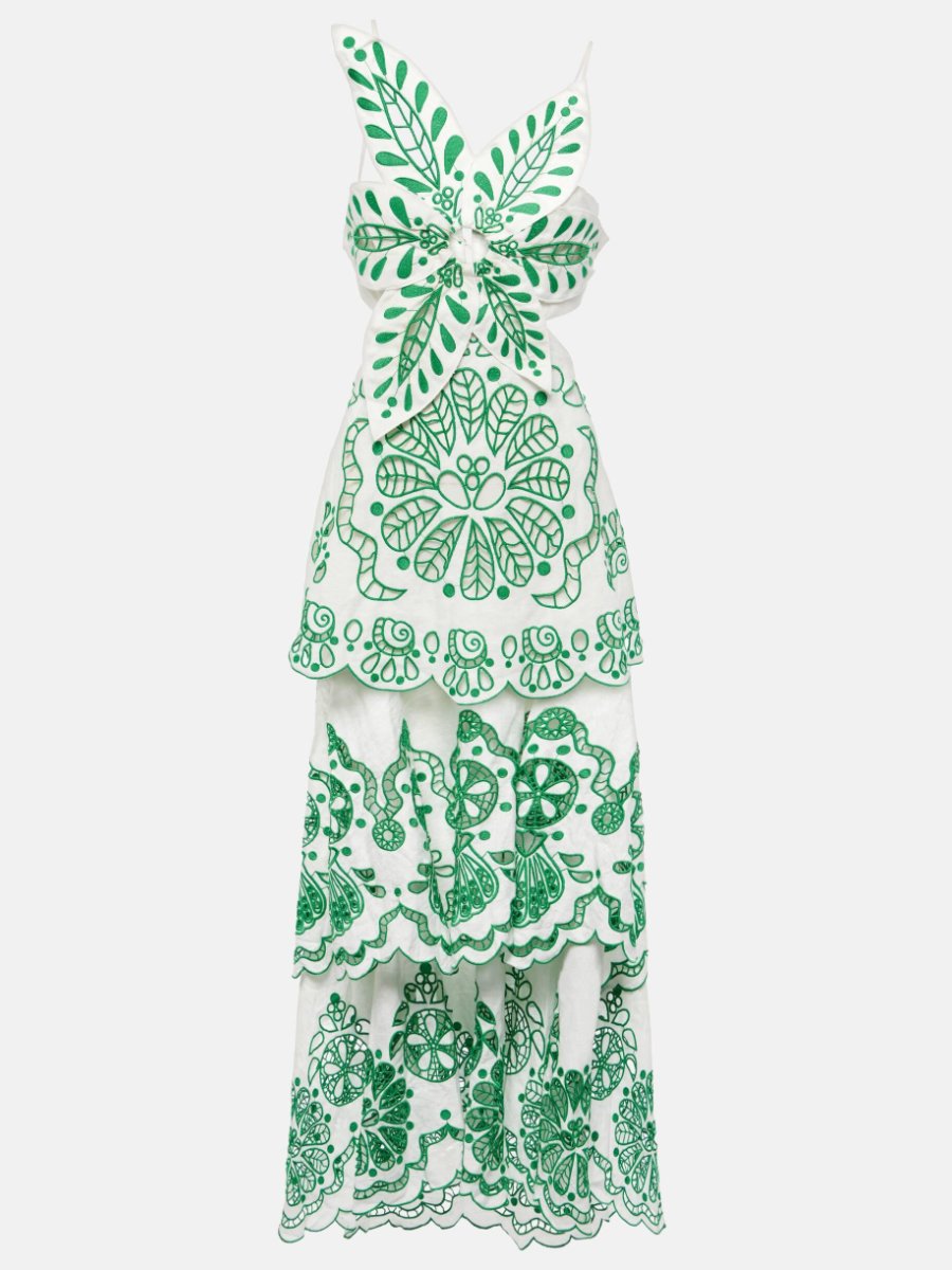 Green Flower Embroidery Midi Dress