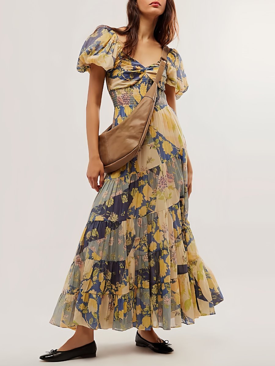 Patchwork Color Clash Short-Sleeve Maxi Dress