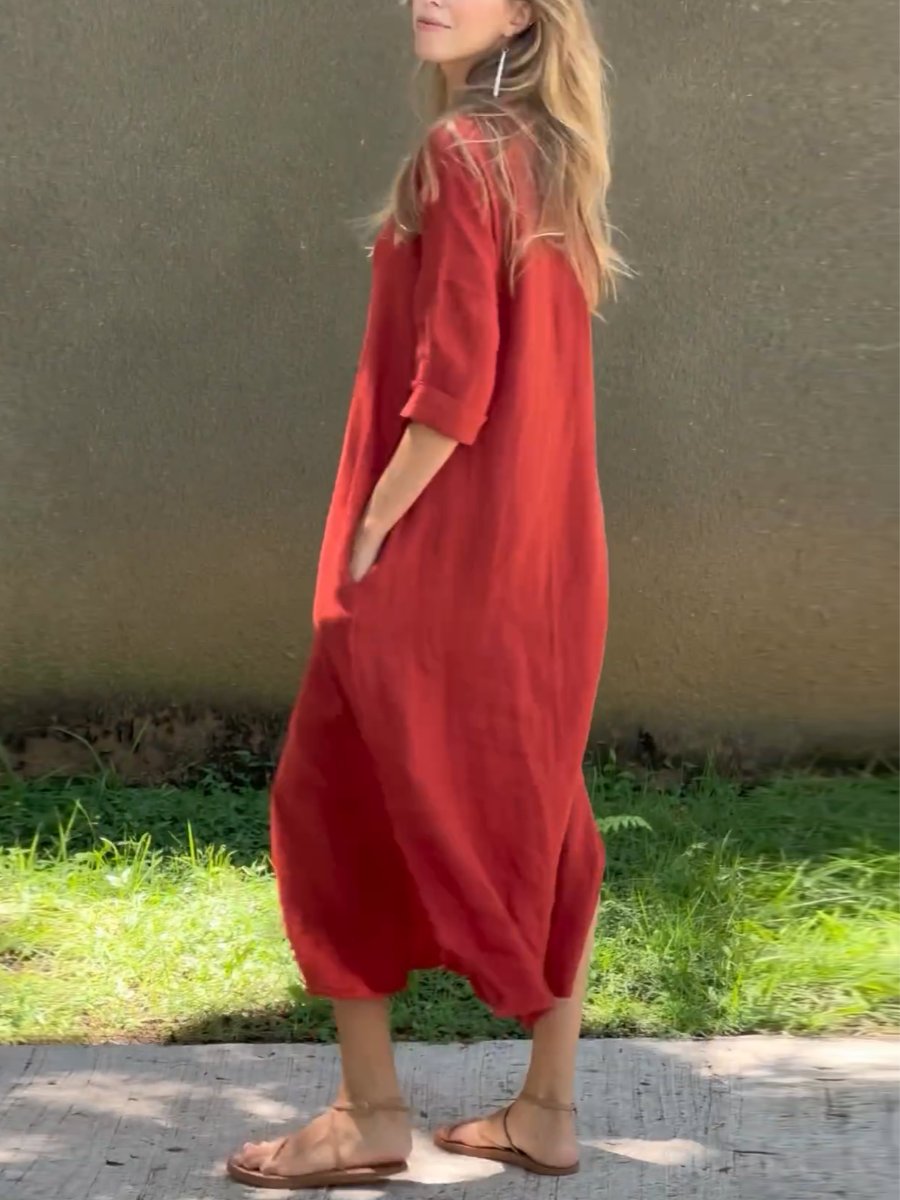 V-Neck Cotton Linen Loose Maxi Dress