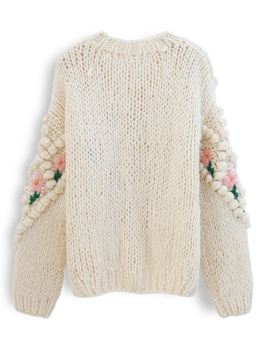 Floral Diamond Pom-Pom Knitted Cardigan