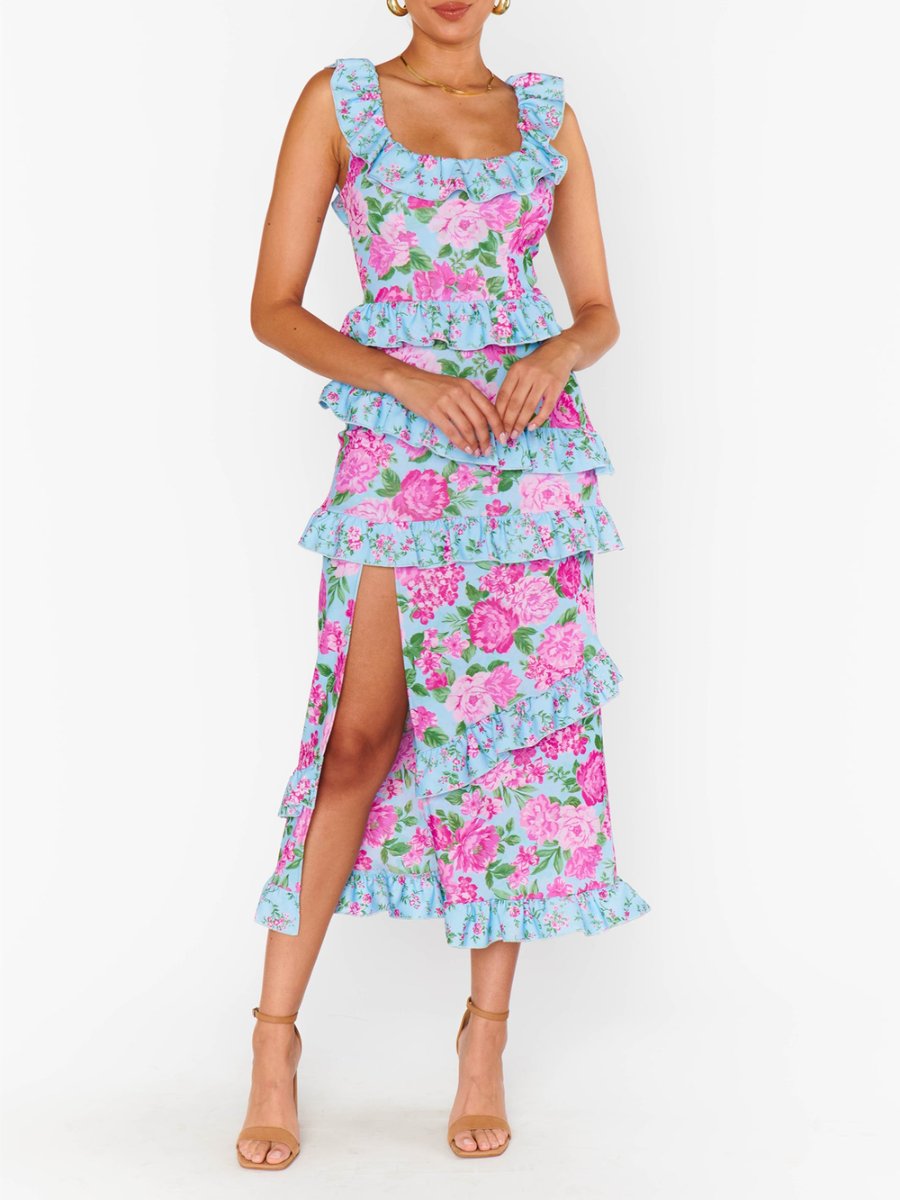 Floral Square Neck A Line Midi Dress