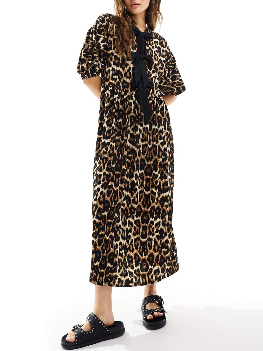 Leopard Print Puff Sleeve Maxi Dress