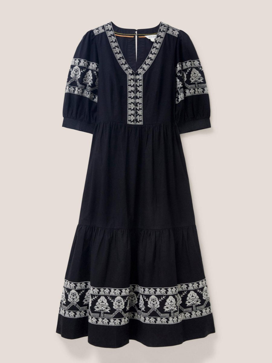 Short Sleeve Embroidered Black Midi Dress