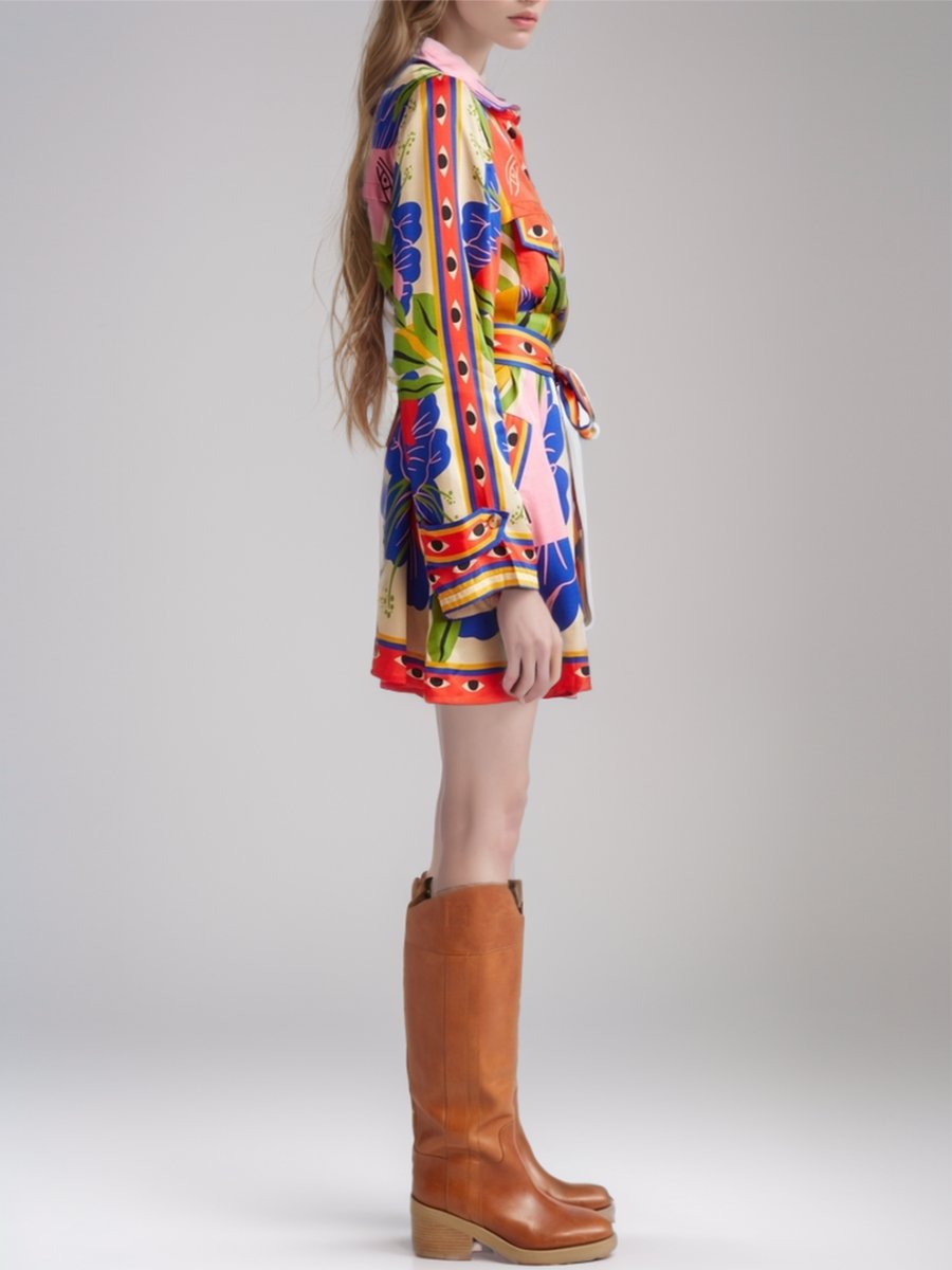 Artistic Scarf Print Mini Shirt Dress