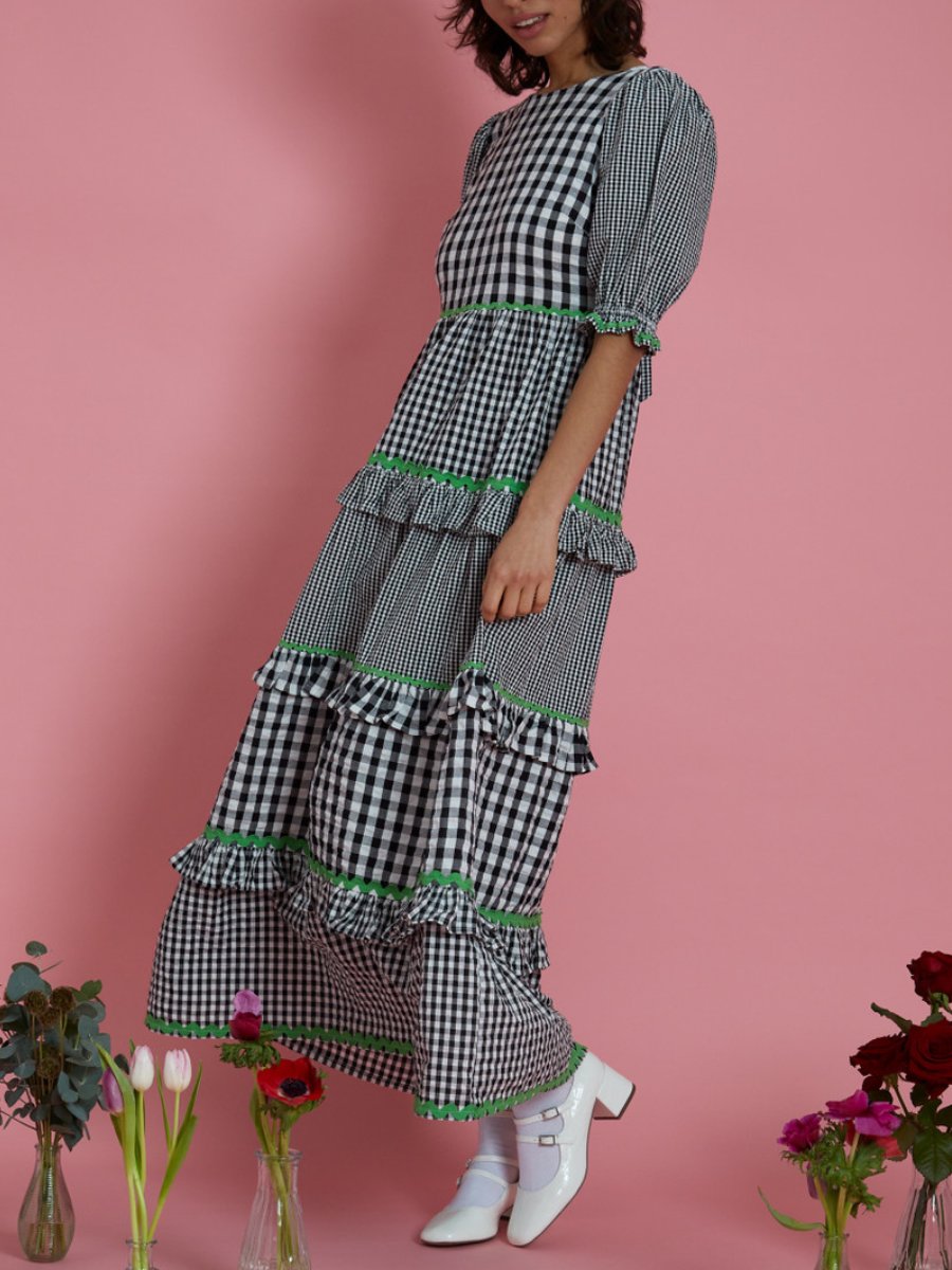 Mixed Gingham Half Sleeve Maxi Dress