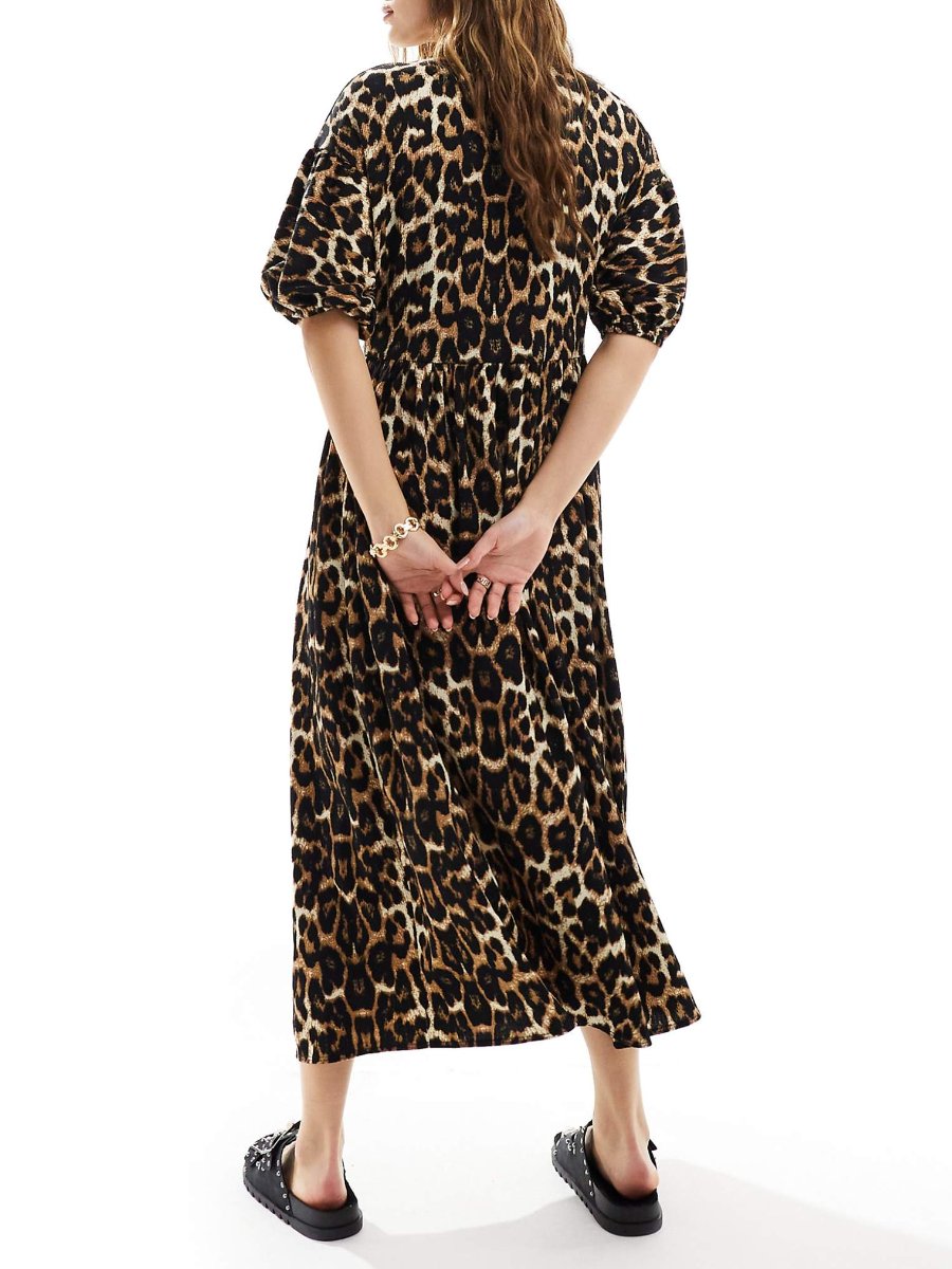 Leopard Print Puff Sleeve Maxi Dress