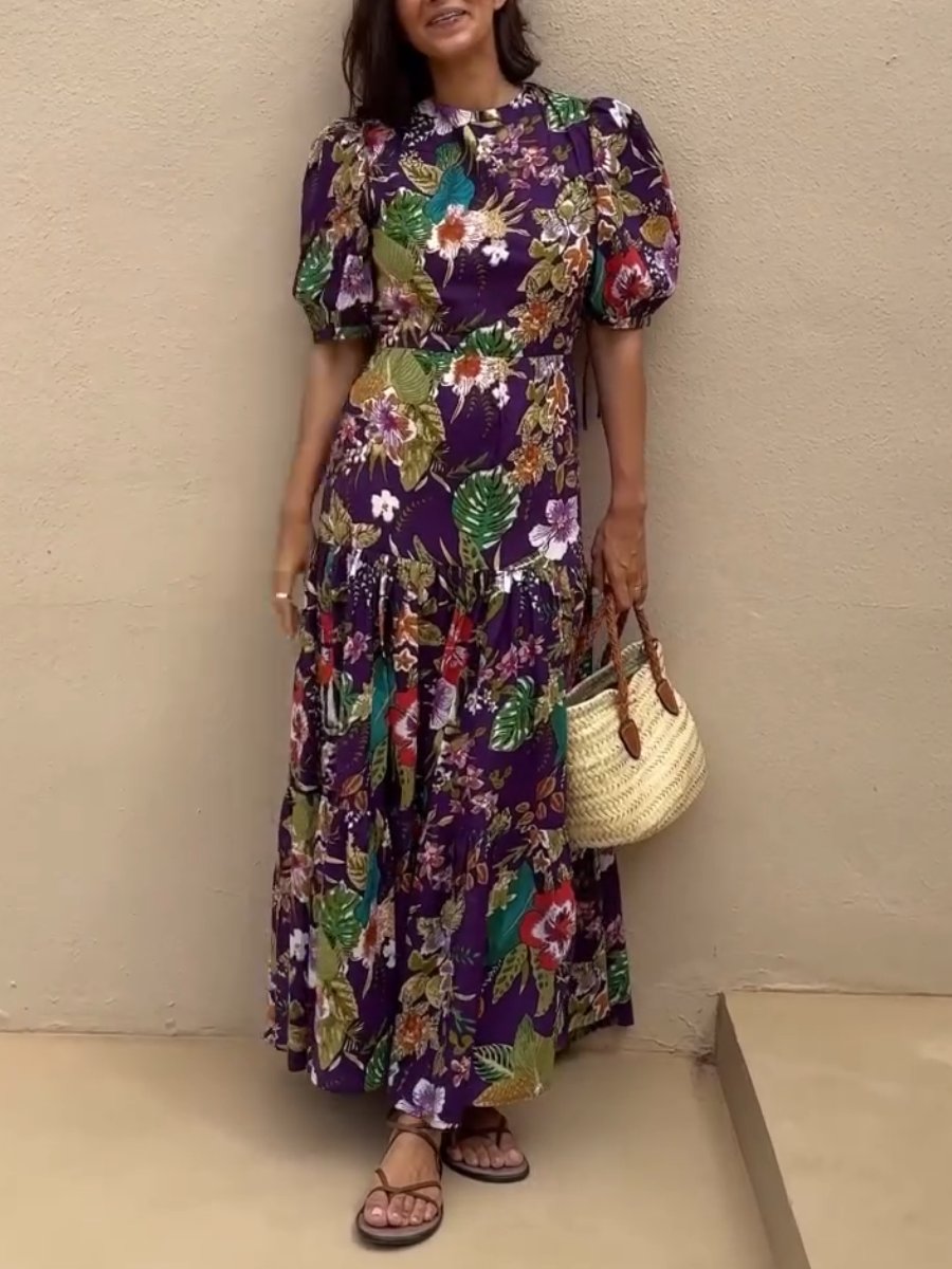 Round Neck Floral Purple Backless Maxi Dress