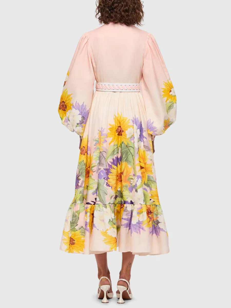 Sunflower Print Silk Linen Blend Midi Dress