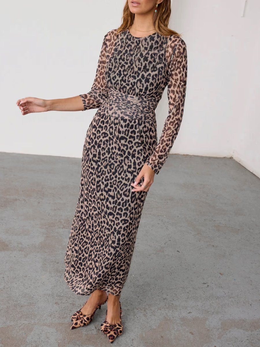 Leopard Print Mesh Midi Dress