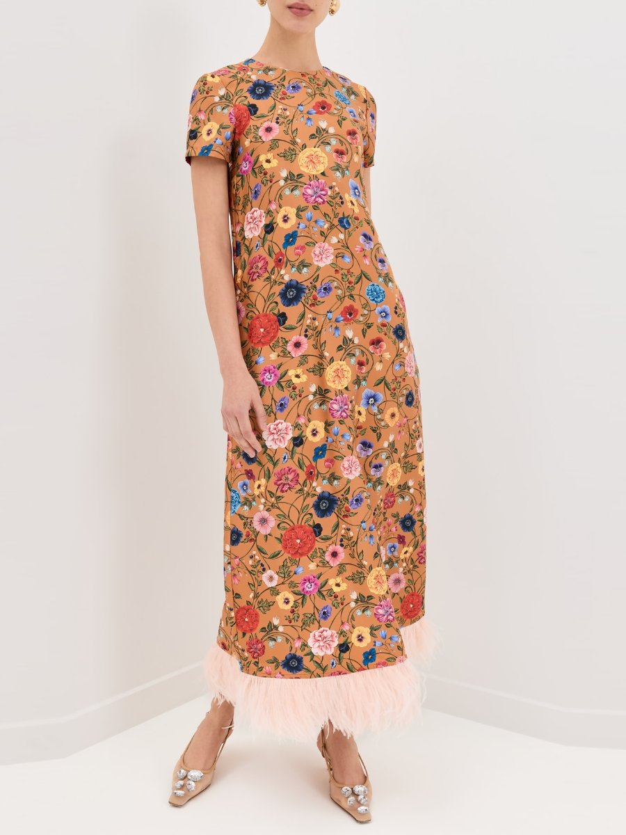 Feather Trimmed Floral Print Silk Maxi Dress