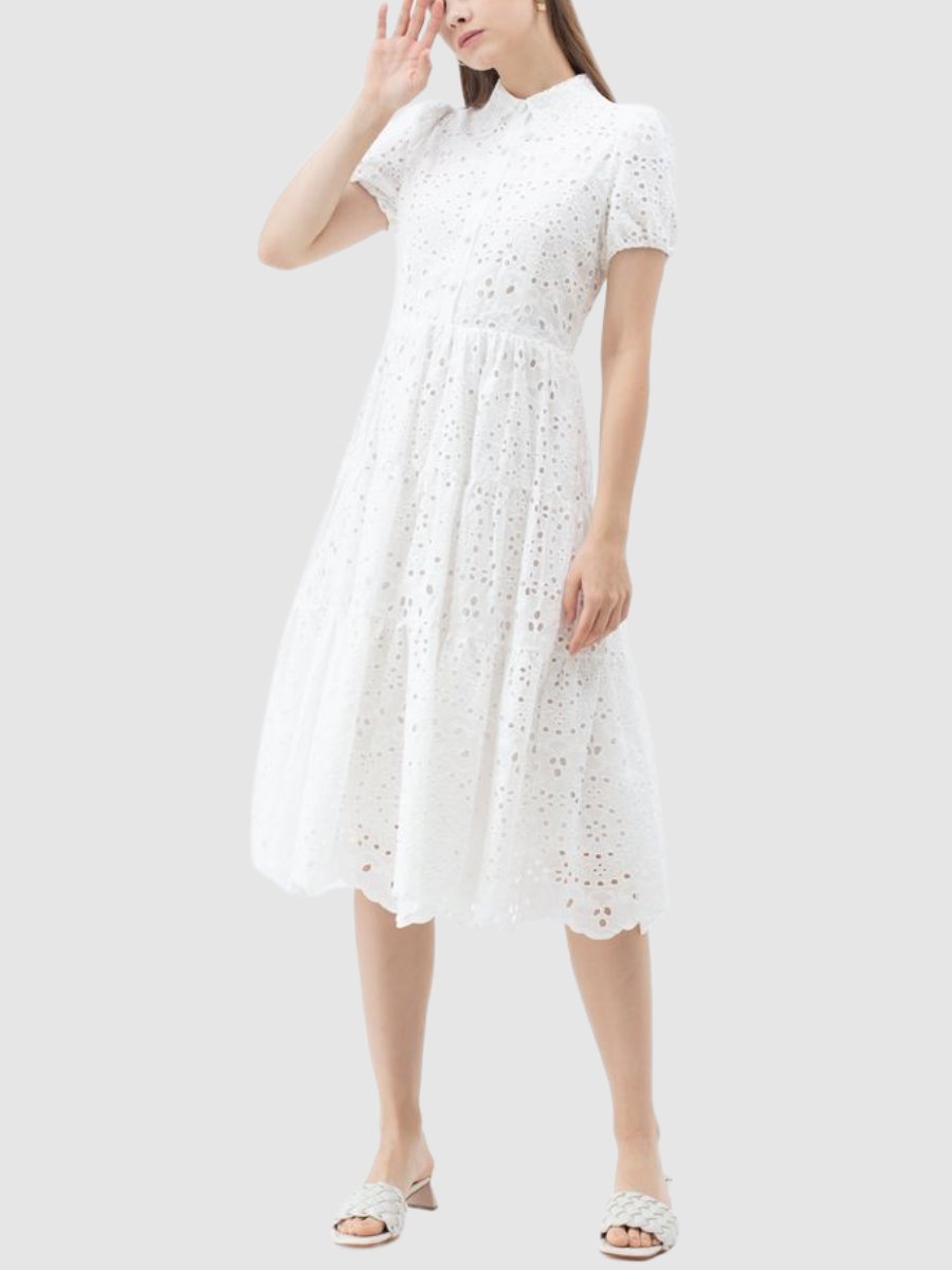 Crochet Collar Embroidered Eyelet Cotton Midi Dress