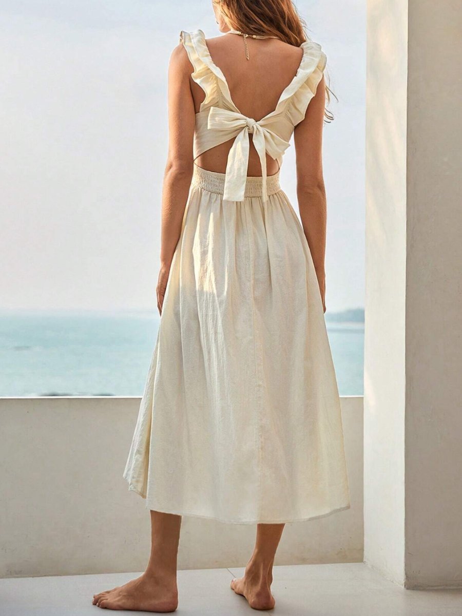 Ruffled Square Neck Ivory Midi Dress