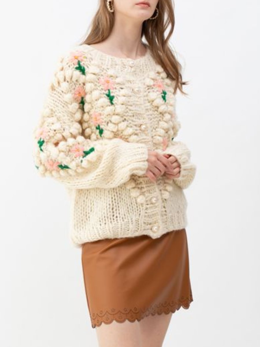 Floral Diamond Pom-Pom Knitted Cardigan