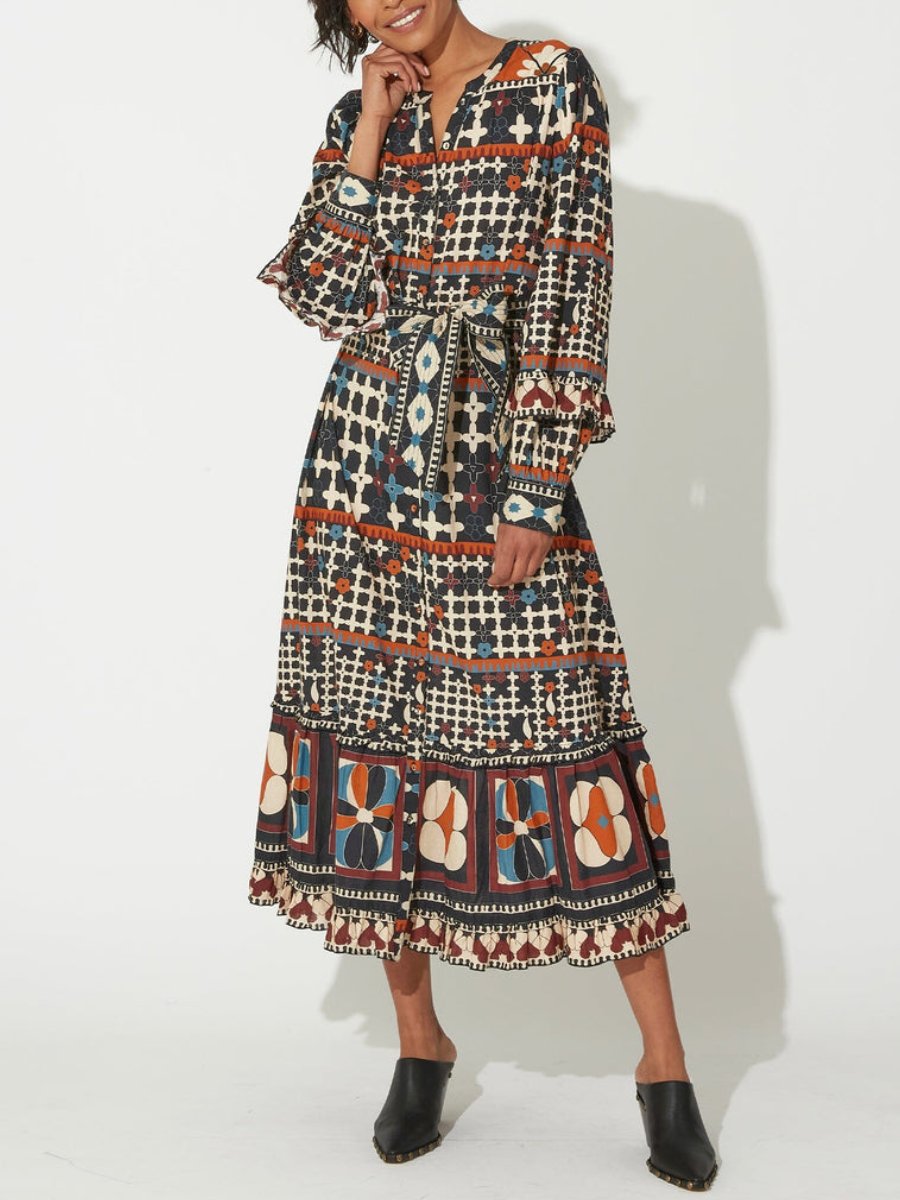 Belted Deco Print Midi Dress