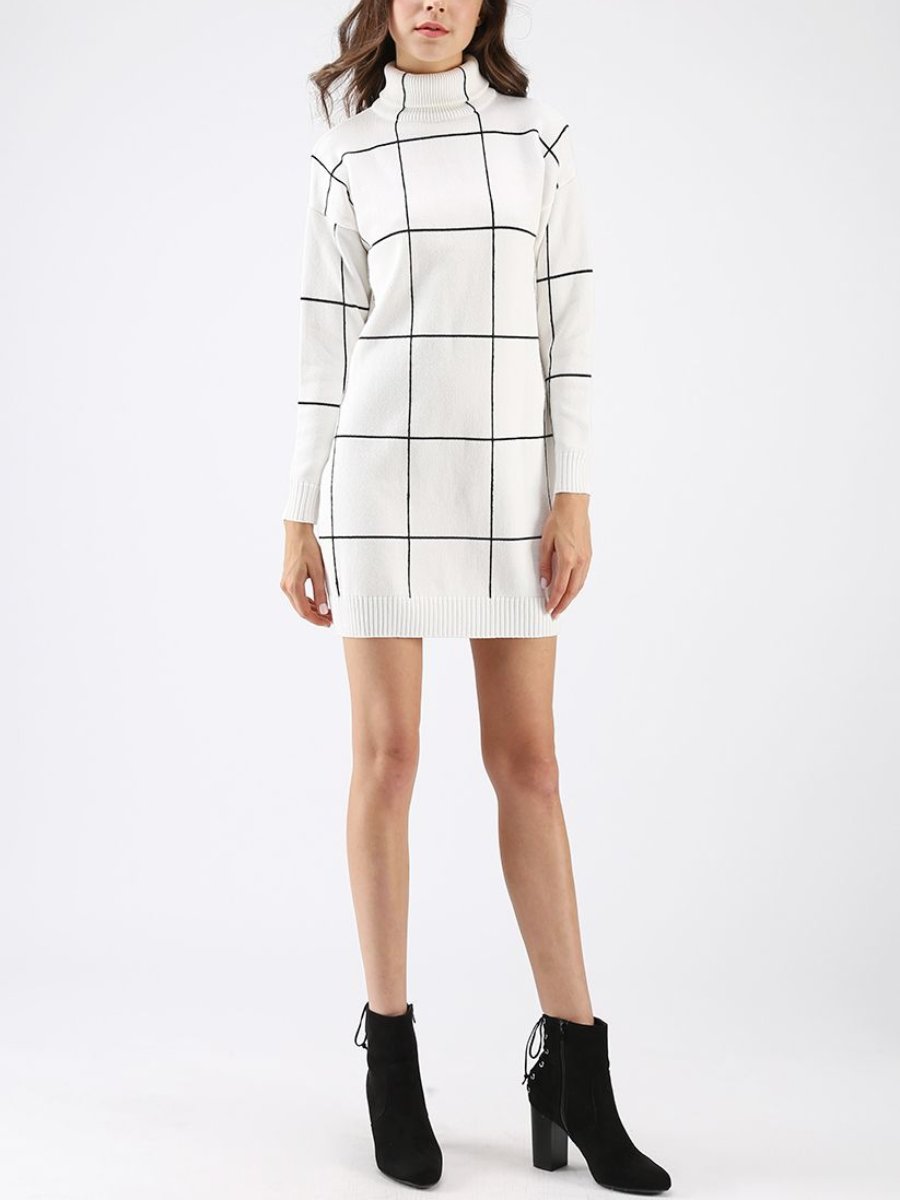 Warm Welcome Grid Turtleneck Sweater Dress