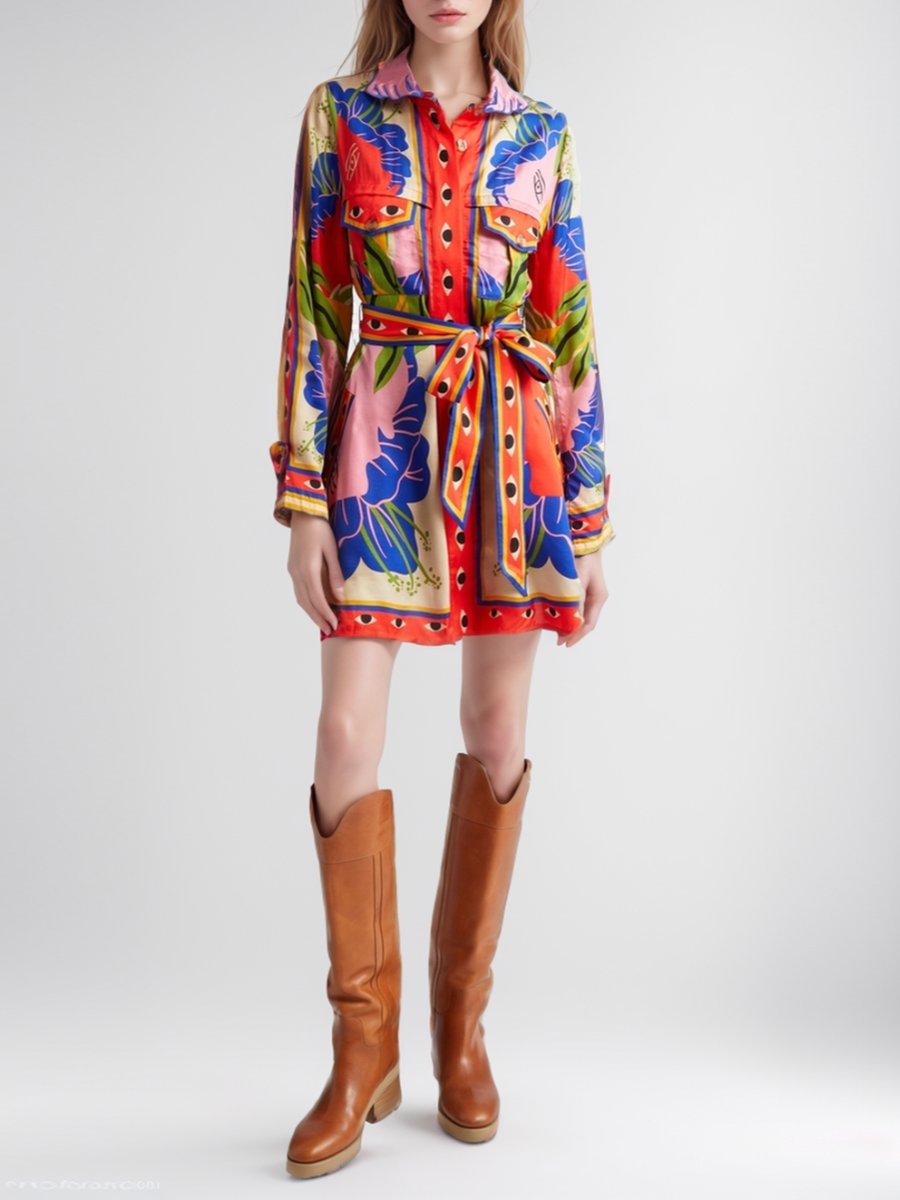 Artistic Scarf Print Mini Shirt Dress