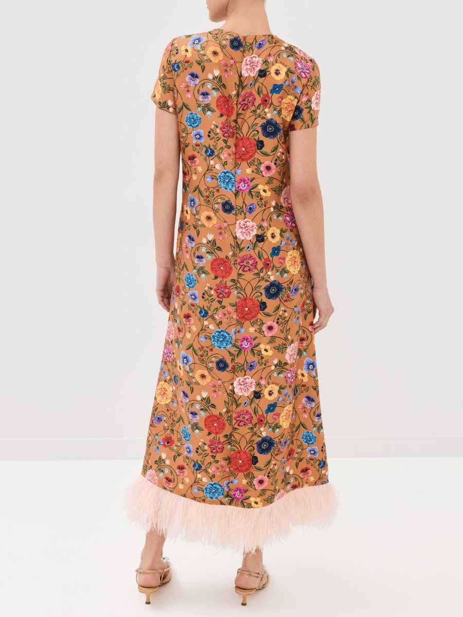 Feather Trimmed Floral Print Silk Maxi Dress