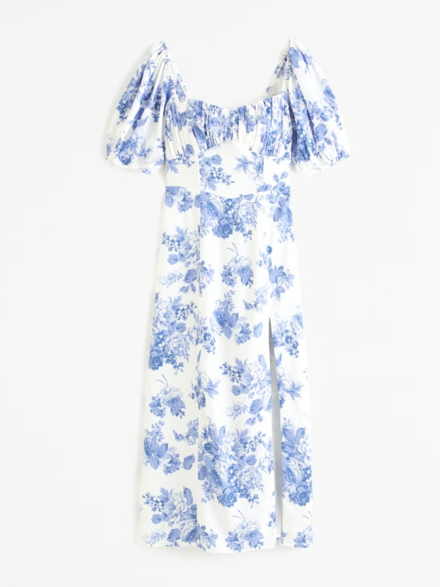 Blue Floral Short Sleeve Midi Dress