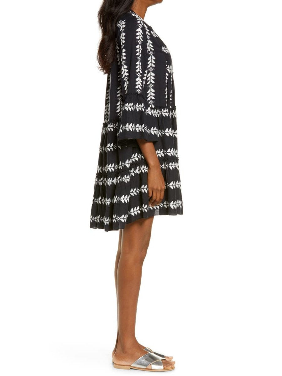 Geometric Print Split Neck Flared Sleeve Mini Dress