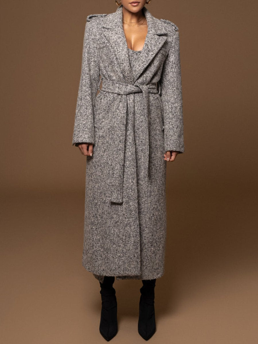 Grey Belted Tweed Coat