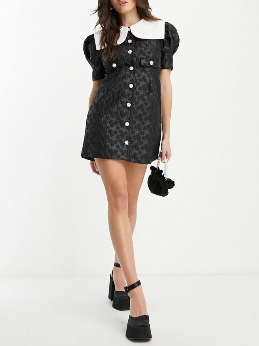 Oversized Collar Button Black Mini Dress