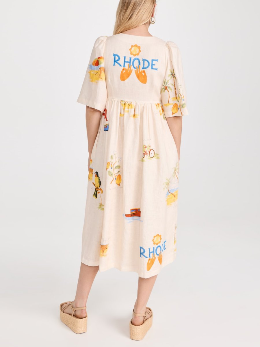 Festive Floral Print Bubble Sleeve Midi Dress